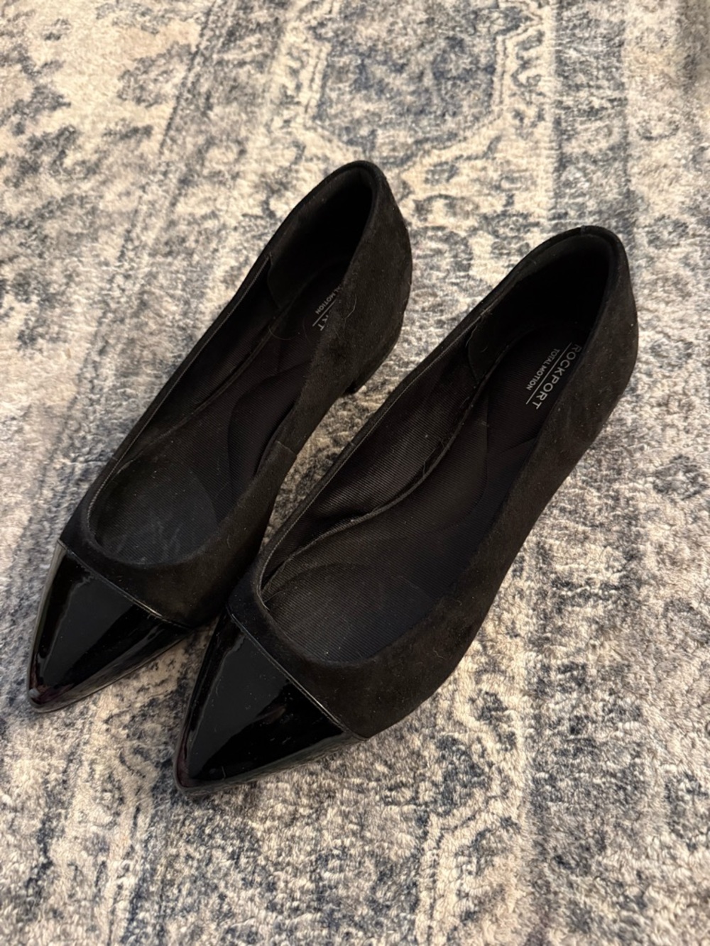 Rockport Black Pointed Toe Flats with Glossy Cap